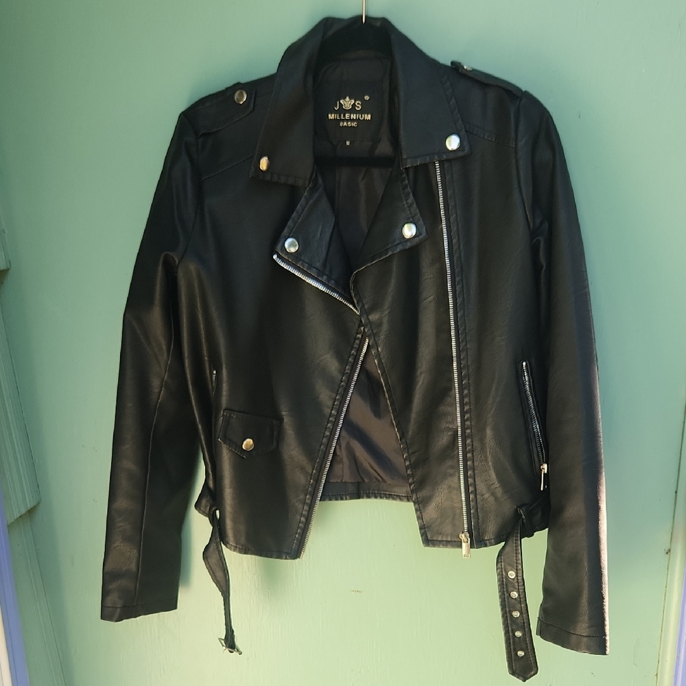 Black PLeather Moto Jacket with Asymmetrical Zipper and Notched Lapel
